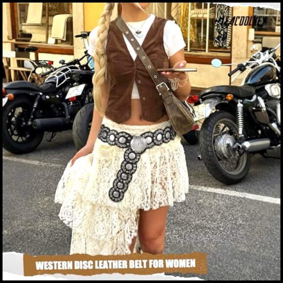 Western Leather Belt Vintage Boho Concho Hollow Disc Y2K Chic Waist Accessory main image 7